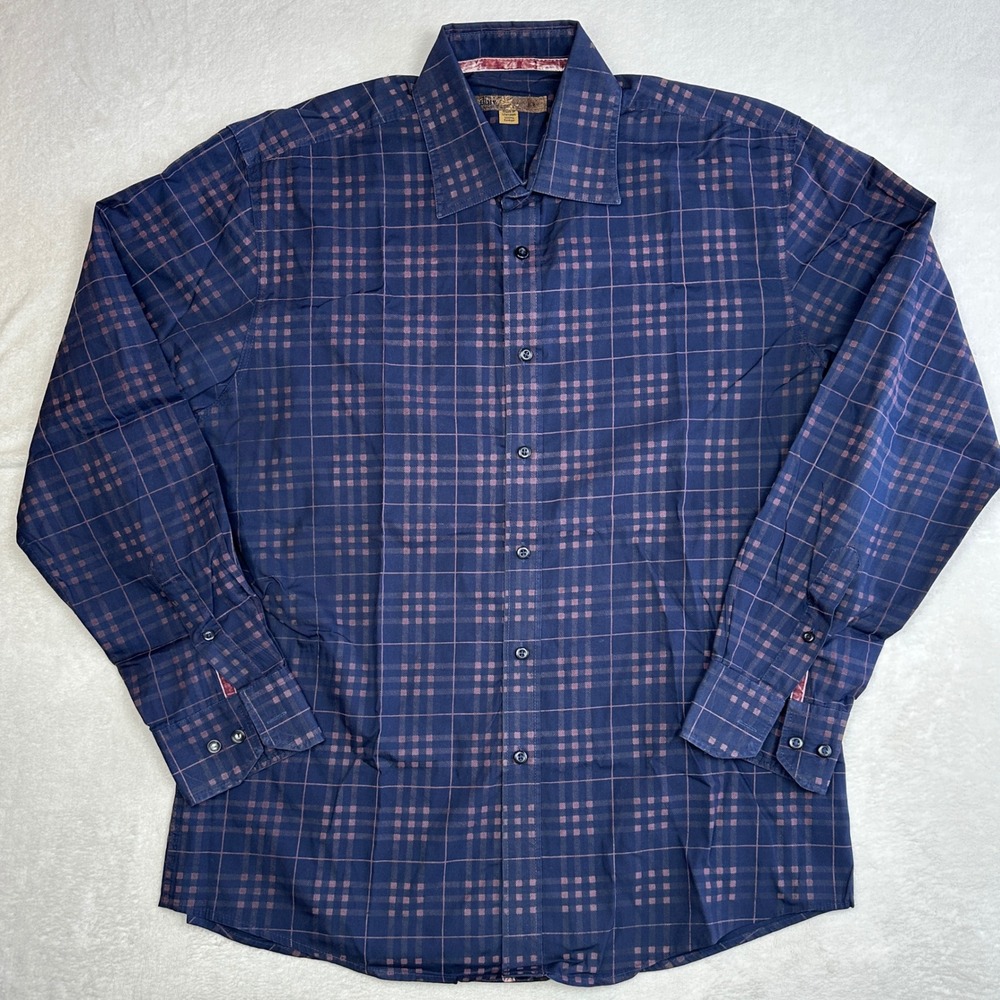 Blue by Betsey Johnson Mens L‎ Navy Purple Grid Check Cotton Button Down Shirt
